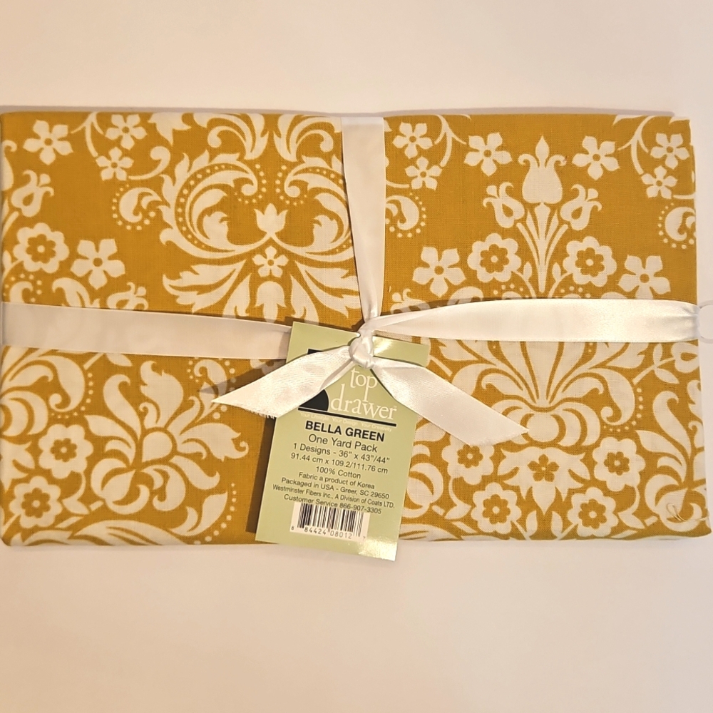Mustard Yellow & White Damask 100% Cotton Fabric Top Drawer 1 Yard Pack NEW
